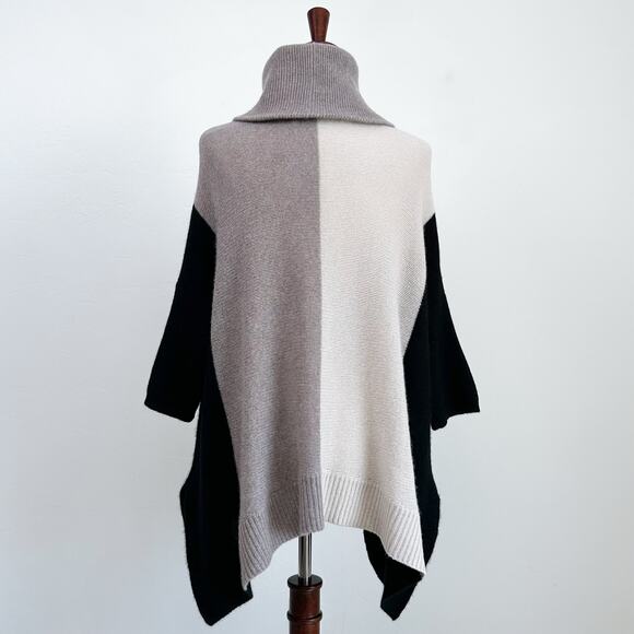 360 Cashmere Neutral Colorblock Turtleneck Poncho Knit Sweater Pullover - Picture 6 of 8